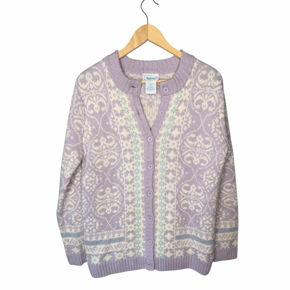 National Vintage 90s Pastel Lavender Fair Isle Cardigan - Picture 2 of 9